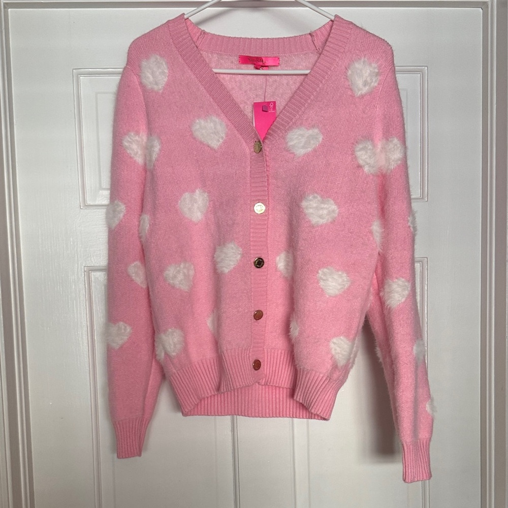 Lilly Pulitzer Pink and White Heart Cardigan